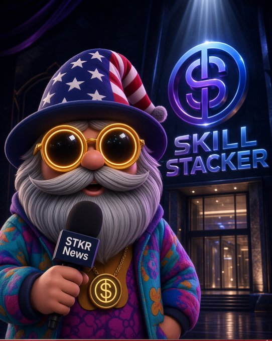 A cartoon gnome wearing an American flag hat and gold dollar-sign sunglasses holds a "STKR News" microphone while standing before the glowing "Skill Stacker" logo. The patriotic, wealth-themed character visually reinforces the post's message about seeking excellence and committing to the $STKR ecosystem.