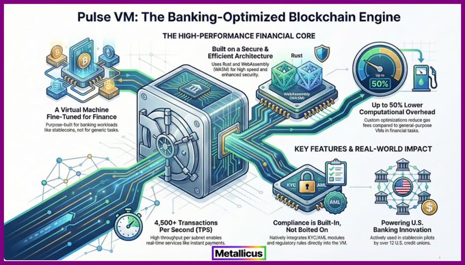 **Caption:** An infographic titled "Pulse VM: The Banking-Optimized Blockchain Engine" by Metallicus, highlighting its high-performance financial core built in Rust with WebAssembly, capable of 4,500+ TPS and up to 50% lower gas fees, with built-in KYC/AML compliance and U.S. banking integration.

**Relation to the post:** The image visually reinforces the post's announcement of the v0.6.2 PulseVM update by showcasing the engine's core capabilities—emphasizing its banking-grade architecture, transaction throughput, and infrastructure readiness—while the post specifically notes the latest developmental progress in peer-to-peer state sync, transaction validation/relay security, and CPU optimization, building upon the foundational features depicted.