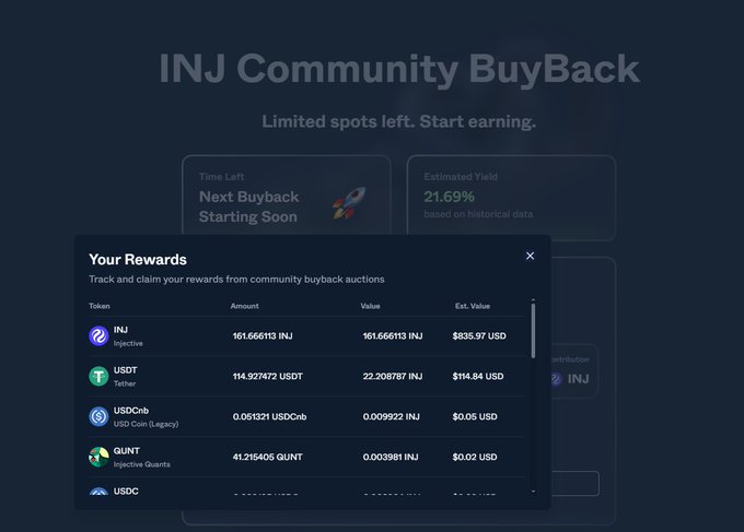 A screenshot of a web page displaying the INJ Community Buyback page that has information about rewards, prizes, and the user's account balance, with $INJ @ injective written above the screen.