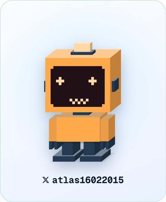 A cute orange voxel-style robot character with a digital smiley face display on its screen, credited to 'atlas16022015' on X.