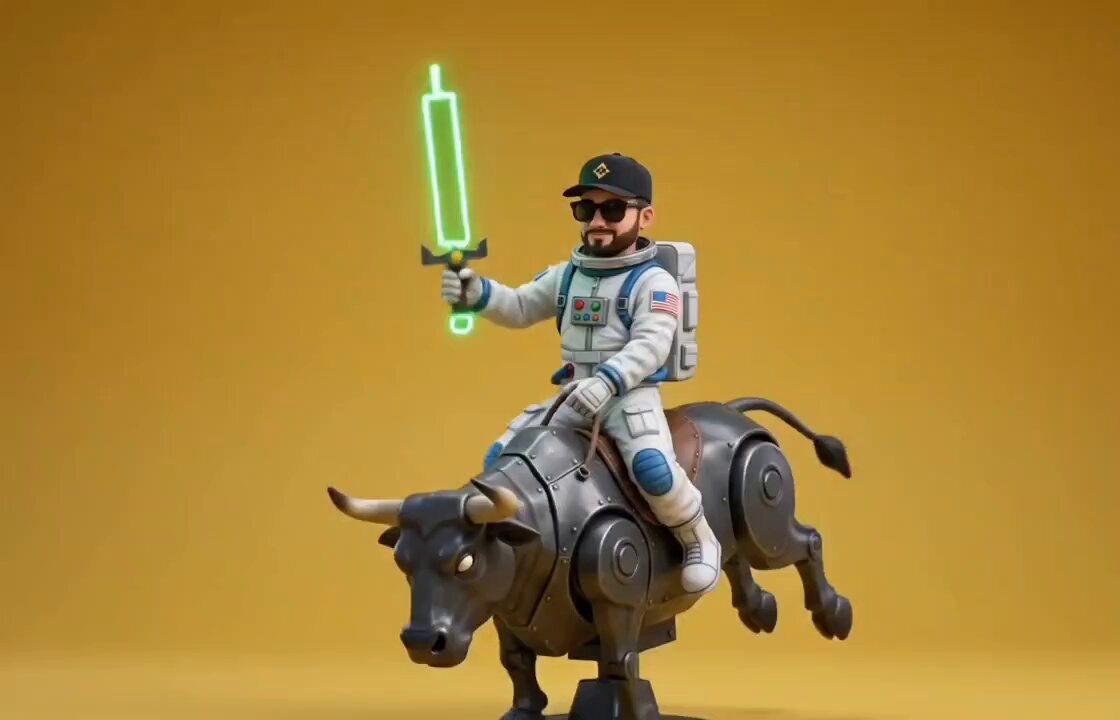 The image features a toy robot or figurine of an astronaut riding a bull. The robot appears to be holding a sword with neon green lights, giving it a futuristic appearance. The background color is yellow, which contrasts with the robot's design. The caption reads "Just when you think you're riding it straight to the moon, the market reminds you who'S boss." This phrase seems to be a reference to the idea that even in space or outer space, there are still aspects of life on Earth and its markets.