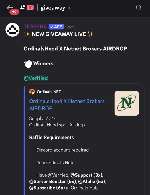 A Discord giveaway announcement by TESSERA (#giveaway) features an "OrdinalsHood X Netnet Brokers AIRDROP" with 10 winners, 7,777 supply, requiring Discord account, joining Ordinals Hub, and earning roles (@Verified, @Support 3x, @Server Booster 5x, @Alpha 5x, @Subscribe 6x) to enter the raffle.