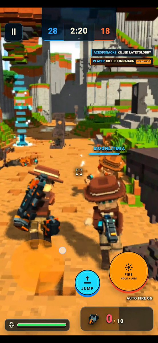 A screenshot of a mobile 3D third-person shooter game (appears to be Block City Wars) showing voxel-style characters in a western-themed environment, with score '28 vs 18' and a timer at 2:20.