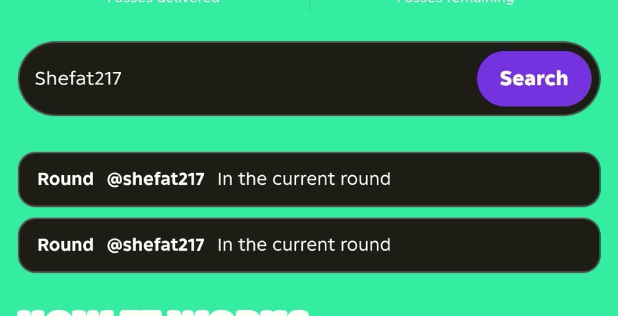 A bright green digital interface showing a search bar with 'Shefat217' entered, alongside a purple 'Search' button and results displaying 'Round @shefat217 In the current round'.