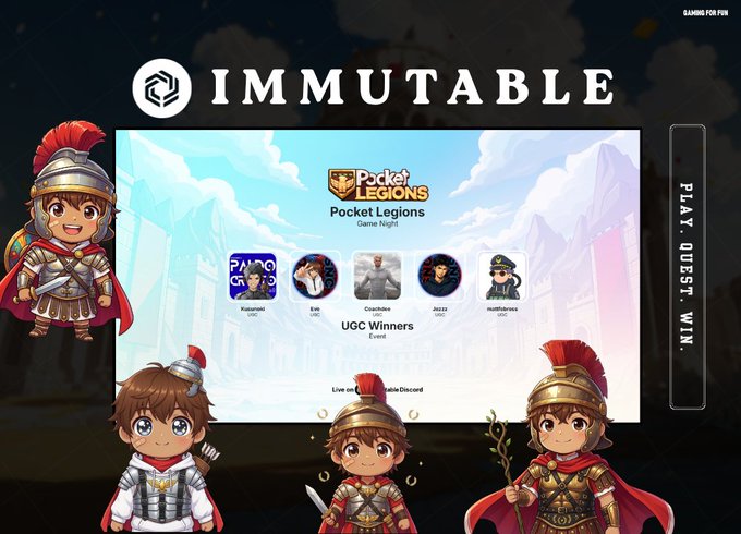 A promotional banner for 'IMMUTABLE' featuring the game 'Pocket Legends' with chibi-style Roman soldier characters, a 'PLAY, QUEST, WIN' banner, and a 'UGC Winners' section displaying character avatars.