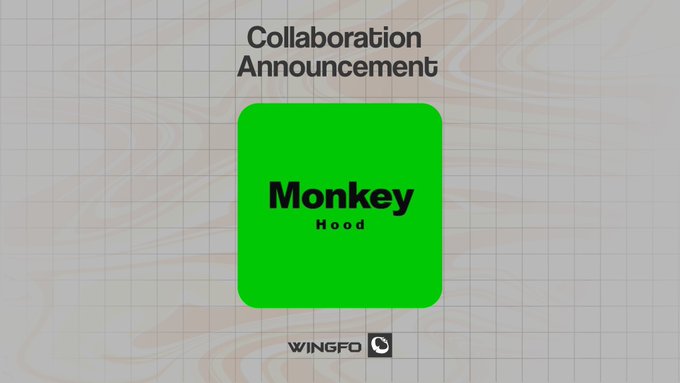 A collaboration announcement graphic featuring a bright green app-style icon labeled "Monkey Hood" against a marble-patterned background, promoting a free mint giveaway of 10,000 supply NFTs on the Robinhood chain, hosted by Wingfo in partnership with @MonkeyHoodNFT.