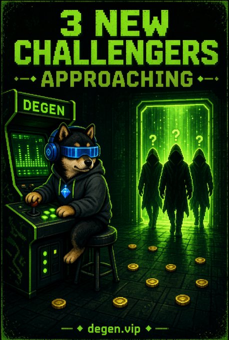 A retro pixel-art style digital poster features a Shiba Inu wearing blue headphones at an arcade cabinet labeled "DEGEN", with three hooded figures with question marks above them. Text reads "3 NEW CHALLENGERS APPROACHING" and "degen.vip".