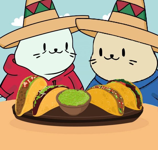 A colorful cartoon illustration of two cute cat-like characters wearing sombreros and ponchos, sitting at a table with a platter of tacos and a bowl of guacamole.