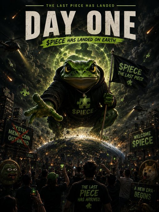 A massive Pepe-like frog cloaked in dark robes descends from a glowing green moon, hoisting a "$PIECE - THE LAST PIECE" flag above a crowd holding signs reading "SYSTEM MEME COIN OUTDATED," "WELCOME $PIECE," and "A NEW ERA BEGINS," with the headline "DAY ONE - $PIECE HAS LANDED ON EARTH" announcing the meme coin's arrival as the final puzzle piece replacing the old meme coin era.