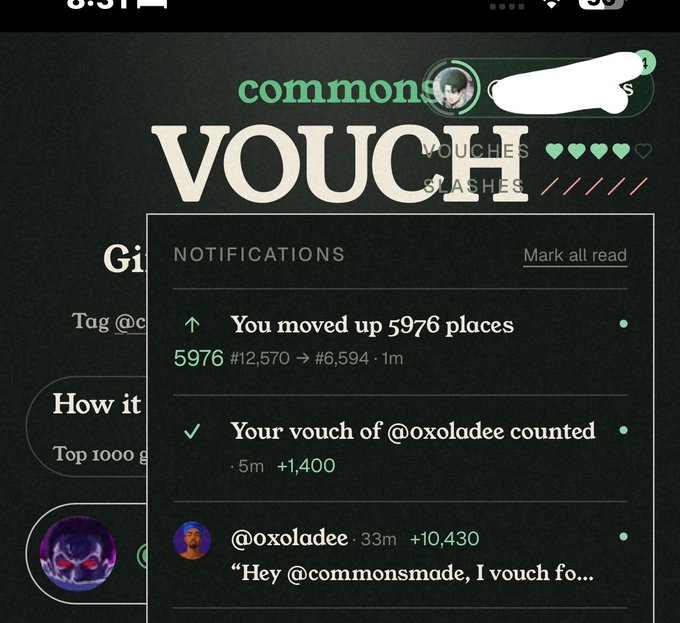 A screenshot of a notifications panel on what appears to be a vouching platform, showing three alerts: the user "moved up 5976 places" from rank #12,570 to #6,594, a vouch from @oxoladee worth +1,400 points, and a recent vouch from @oxoladee 33 minutes ago adding +10,430 points—directly matching the 10.4k points referenced in the caption.