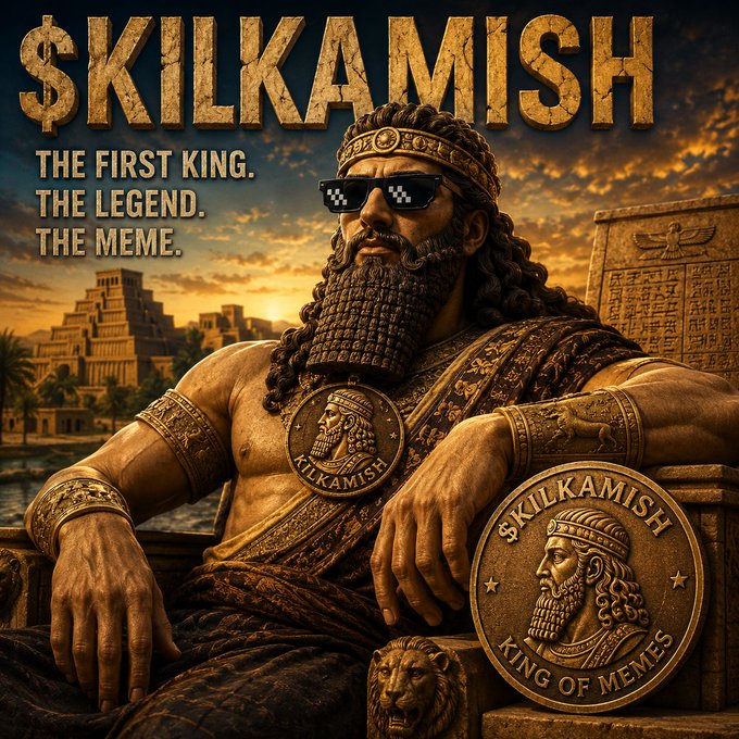 A regal bearded king wearing pixelated "deal with it" sunglasses lounges on a throne with a ziggurat in the background, surrounded by text reading "$KILKAMISH," "THE FIRST KING. THE LEGEND. THE MEME.," and a coin labeled "$KILKAMISH - KING OF MEMES." The image riffs on the Epic of Gilgamesh theme referenced in the post's "$GILGA saga," portraying the meme coin as a powerful, legendary ruler opening the gates of Uruk for the community.