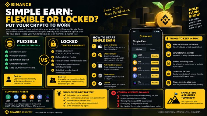 The image is a Binance Academy infographic titled "SIMPLE EARN: FLEXIBLE OR LOCKED?" comparing flexible vs. locked crypto savings options, featuring supported assets like USDT, USDC, BNB, BTC, ETH, and SOL, which directly illustrates the post's question about ways to make crypto holdings work beyond just buying and holding.