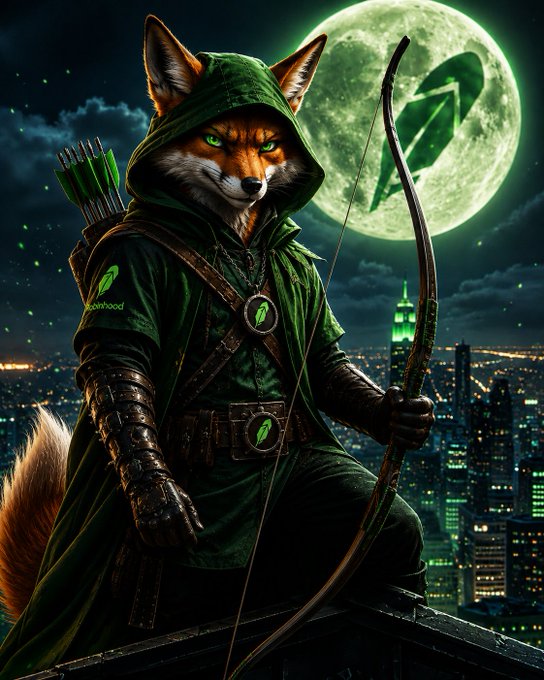 A fantasy illustration of a fox archer dressed as a Robin Hood-style character in green, holding a bow with arrows and wearing a Rocketcoin emblem, posed against a moonlit city skyline.