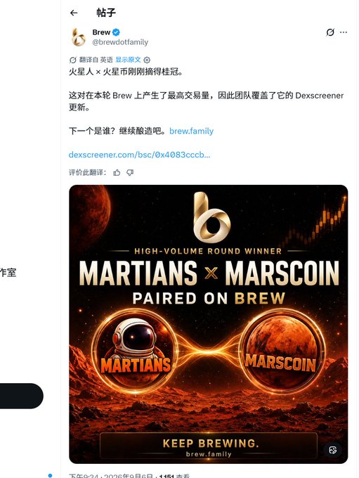A Chinese-language social media post from @brewdotfamily announcing 'MARTIANS x MARSCOIN PAIRED ON BREW' as the high-volume round winner, featuring promotional artwork with a fiery Mars landscape.