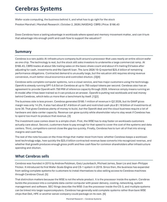 An article titled 'Cerebras Systems' from Marshall Research dated October 2, 2026, discussing wafer-scale computing, the company's business model, its $166.43 stock price (NASDAQ: CBRS), and its AI infrastructure services.
