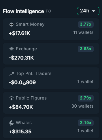 A 'Flow Intelligence' dashboard displaying 24-hour cryptocurrency metrics including Smart Money (+$17.61K, 3.77x), Exchange (-$270.31K, 3.63x), Top PnL Traders (-$0.04,909, 1 wallet), Public Figures (+$84.70K, 30 wallets, 2.79x), and Whales (+$315.35, 2.15x, 1 wallet).