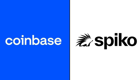 The image displays the logos of Coinbase (in white text on a blue background) and Spiko (in black text with a hedgehog icon on a white background), representing the new partnership that allows European UCITS funds to accept USDC and EURC stablecoin payments, bridging traditional finance and crypto.