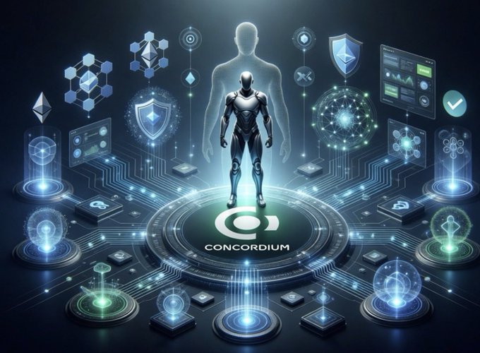 The image features a futuristic scene with a robot standing in front of a large circular platform filled with various technological elements such as icons representing different aspects of technology like computers, networks, and data centers. The robot appears to be the central focus of the image, surrounded by these technological components that create an immersive digital environment. The caption above the image reads "The more I look back at everything @Concordium shipped over the last week, the more it feels like they are not building for the current crypto cycle at all". This suggests a sense of dissatisfaction or disappointment with the current state of affairs in the industry.
