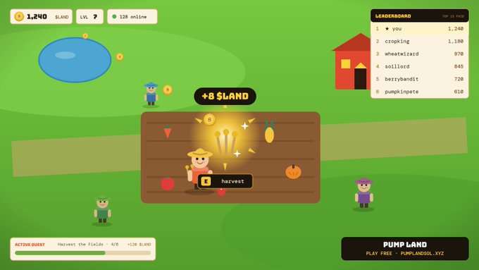 The image shows a screen from a Pump Land video game, which features various characters engaged in different activities related to agriculture or gardening. A man can be seen standing near the center of the screen, possibly working or tending to something. Other small figures are scattered throughout the scene, possibly farmers or gardeners. The game is set on an open world with the player having complete control over their actions and choices within this environment. There's a button in the center of the screen that says "PUMP FLOOD", suggesting that this area is related to flooding or water management within the game. Additionally, there are characters positioned near a house at the bottom left side of the screen, possibly associated with the land or property depicted in the game.