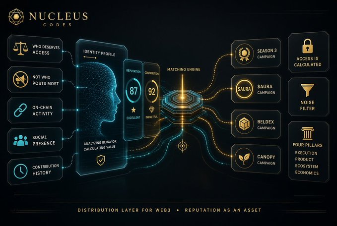 The image displays a "Nucleus Codes" infographic illustrating a reputation-based distribution system for Web3, featuring inputs like "Who Deserves Access" and "On-Chain Activity" flowing into an Identity Profile that yields Reputation (87) and Contribution (92) scores before a Matching Engine allocates access to campaigns including Season 3, Saura, Beldex, and Canopy, with the tagline "Reputation as an Asset."

This visual reinforces the post's central argument by depicting how Nucleus replaces activity-farming with merit-based scoring—measuring genuine contribution and behavior rather than volume of posts—to fairly calculate access to Web3 opportunities.