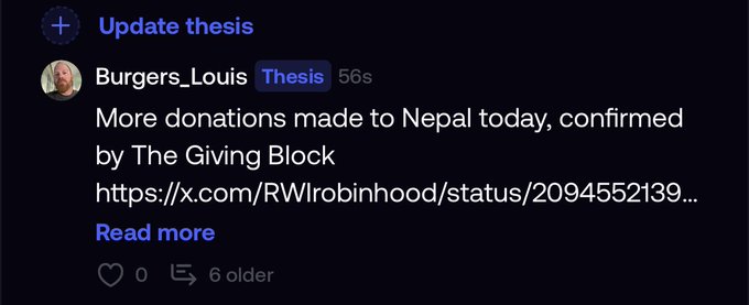 A Twitter/X post by 'Burgers_Louis' with the 'Thesis' tag reads: 'More donations made to Nepal today, confirmed by The Giving Block' with a link to a post by RWIrobinhood.