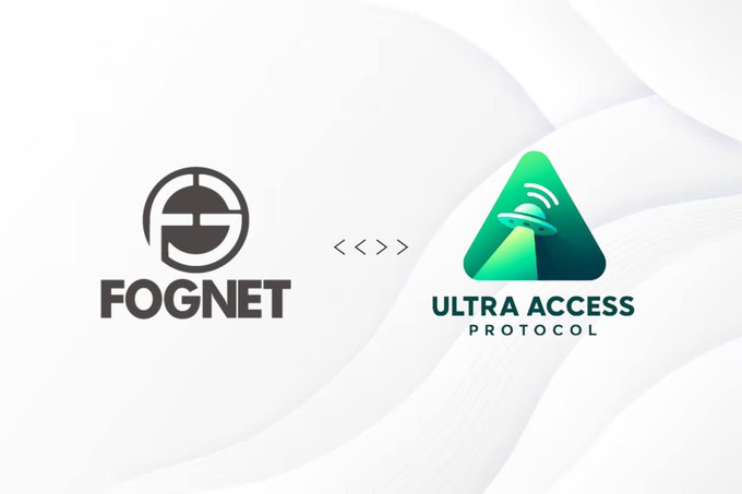 The image features two logos side by side against a white background with a wave pattern. The logo for Fognet is positioned above the other logo, which displays the text "Ultra Access Protocol" and an illustration of a triangle with a green circle at its center. Below these logos, there's a caption that reads "Partnership Announcement FOGNET is excited to partner with @UAProtocol2025 who is a next-generation connectivity network combining AI routing, encrypted mesh infrastructure, and satellite-enhanced access".