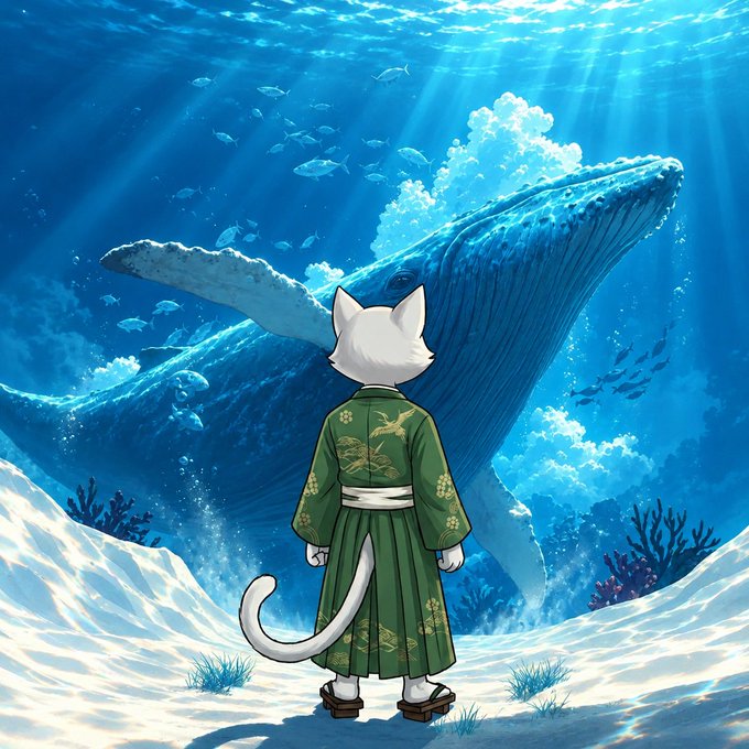 An anime-style illustration of a white cat character in a green kimono standing on the ocean floor, looking up at a massive blue whale swimming among sun rays and small fish.