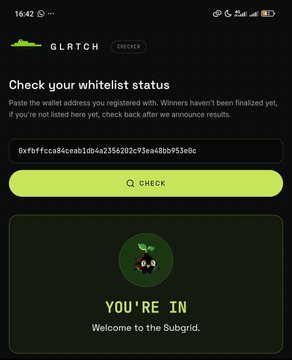 A screenshot of the Glrtch whitelist check page displays a verified wallet address (0xfbfccca8fcea91db4a235fa202bc91eaa4bb0f45e0c) with a green confirmation message reading "YOU'RE IN - Welcome to the Subgrid," confirming eligibility for the Glrtch mint via spots secured through OutcastsDAO and GrindXers.