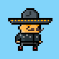 Pixel art character wearing a large sombrero, dark jacket, and red shoes against a blue background.