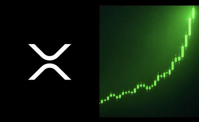 The XRP logo next to a green candlestick chart showing an upward price trend.