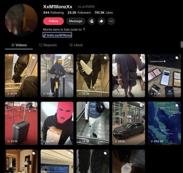 A screenshot of a TikTok profile for 'x+MillionxXx' (xLuv75000) displaying 751.3K likes, 23.2K followers, and a grid of video thumbnails.