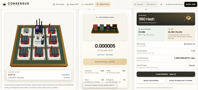A screenshot of the 'CONSENSUS' cryptocurrency platform interface, displaying a virtual mining setup, slot status, and token information including '980 Hash', 'AETH' token, and a 'Daily Reward' of 36,583,794.6%.