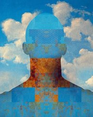 A surreal pixelated portrait of a human silhouette against a blue sky with clouds, featuring a mosaic-like blend of orange, blue, and white blocks forming the head and shoulders.