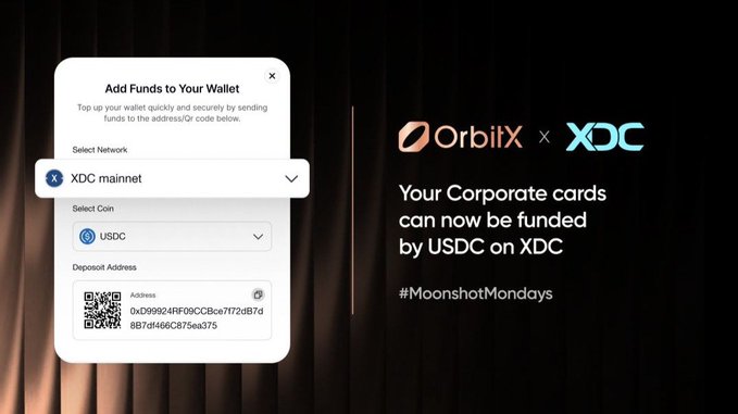 A promotional graphic for OrbiX and XDC with the text 'Your Corporate cards can now be funded by USDC on XDC' and the hashtag #MoonshotMondays, showing a wallet funding modal with a QR code and USDC address on the XDC mainnet.