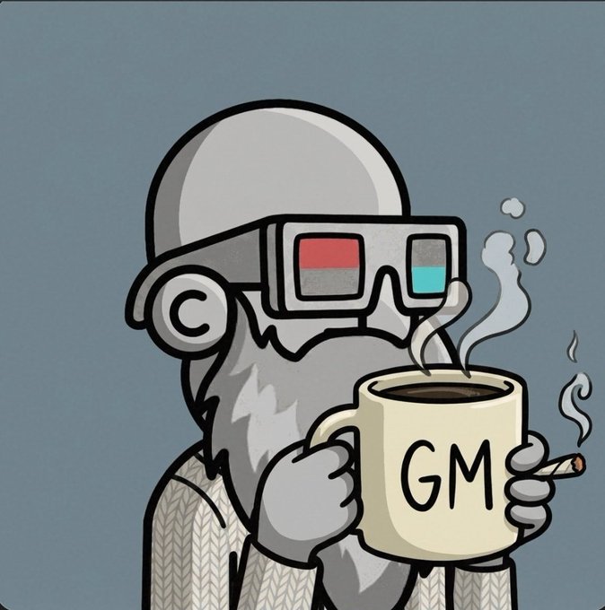 Digital illustration of a gray monkey-like character wearing 3D glasses, a sweater, and holding a beige mug labeled 'GM' and a lit cigarette, set against a blue background.