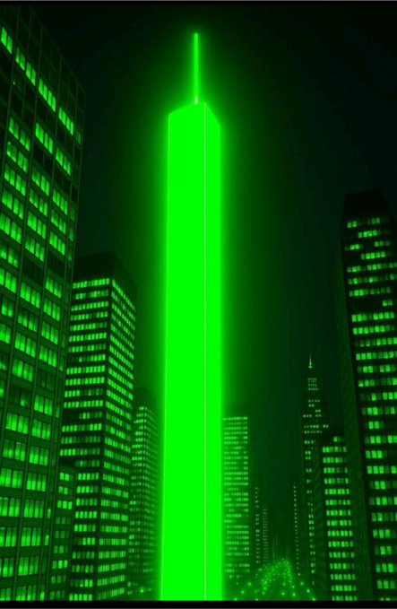 A glowing green skyscraper stands tall among other city buildings in a dark, nighttime setting.