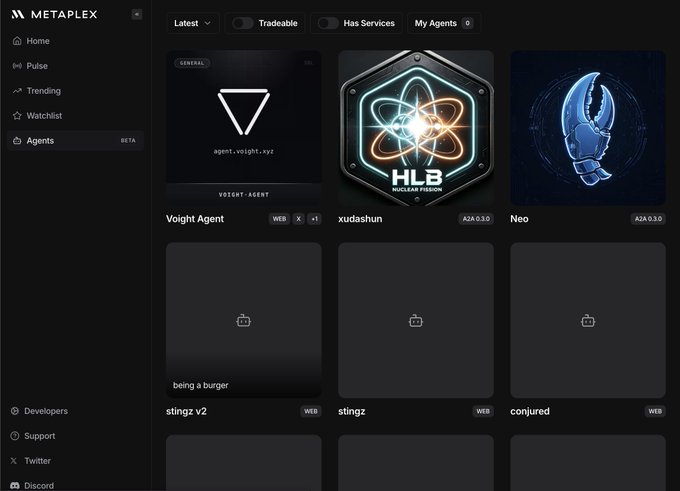 Metaplex Agents dashboard showing AI agent NFT cards including "Voight Agent" (agent.voight.vyz), "xudashun" (HLB NUCLEAR HUB), and "Neo".