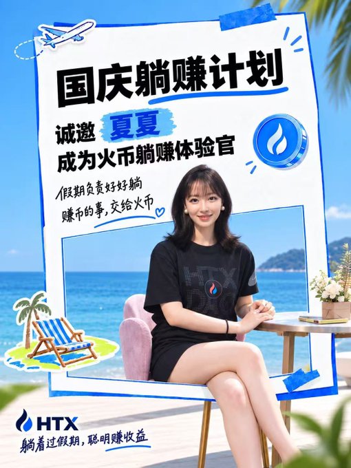 A promotional poster for HTX featuring a smiling young woman in a black t-shirt, with Chinese text inviting 'Xia Xia' to become a Huobi passive income experience officer against a beach background.