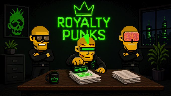 A pixel art image shows three hooded figures at a desk under a glowing green "ROYALTY PUNKS" sign with a crown logo, as the center figure stamps "APPROVE" on a stack of papers. The image thematically represents the selective approval of final Robinhood projects (Stackers, RH Machines, Sherwood, Frongsss, Script Kiddies) for the FCFS phase, with the pressing 24-hour deadline.