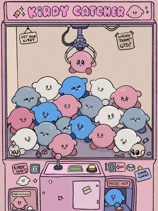A cute, pink-themed illustration of a 'Kirdy Catcher' claw machine filled with various round, colorful plush creatures, featuring labels like 'Get Your Kirdy' and 'Lucky Today!'.