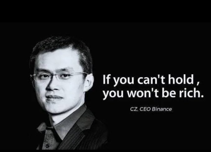A black-and-white portrait of CZ, CEO of Binance, accompanies the text "If you can't hold, you won't be rich." — visually reinforcing the post's message about the importance of "hodling" in cryptocurrency investing through his quote.