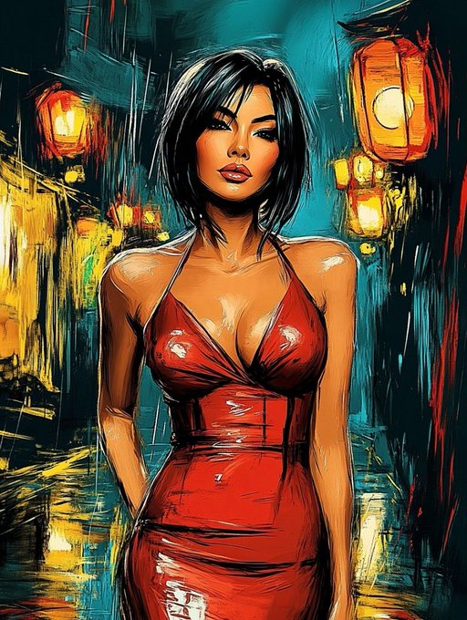 A stylized digital painting of a woman with dark hair in a red halter dress, standing against a backdrop of glowing orange lanterns in a moody street scene.