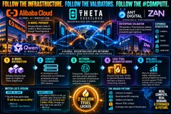 A dense promotional infographic for The5ers trading platform highlights “FOLLOW THE INFRASTRUCTURE, FOLLOW THE WINNERS, FOLLOW THE #ONE PLATFORM,” with sections for Alpha Cloud, Theta, AI services, CPU ZONE, QuantOps, Cobalt Core, CORE AI, and XOIN Terminal amid neon blue and yellow technology graphics.