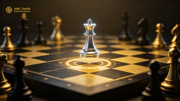 A glowing white king stands prominently on a luxurious gold and black chessboard, surrounded by blurred chess pieces in the background, symbolizing strategic dominance. The top-left corner displays the "ARK | DeFAI - Code the Future" logo, reinforcing the post's message about using AI-powered strategy to win the long game in DeFAI.