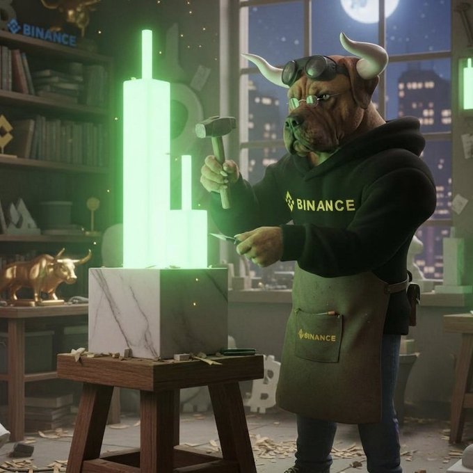 An anthropomorphic bull wearing a Binance-branded apron and goggles holds a hammer, chiseling a glowing green marble block shaped like city skyscrapers in a workshop at night. The "BINANCE" branding on the apron and background shelf, along with the bull motif, visually reinforces the post's bullish sentiment about an upcoming BNB-driven altcoin season in 2026.