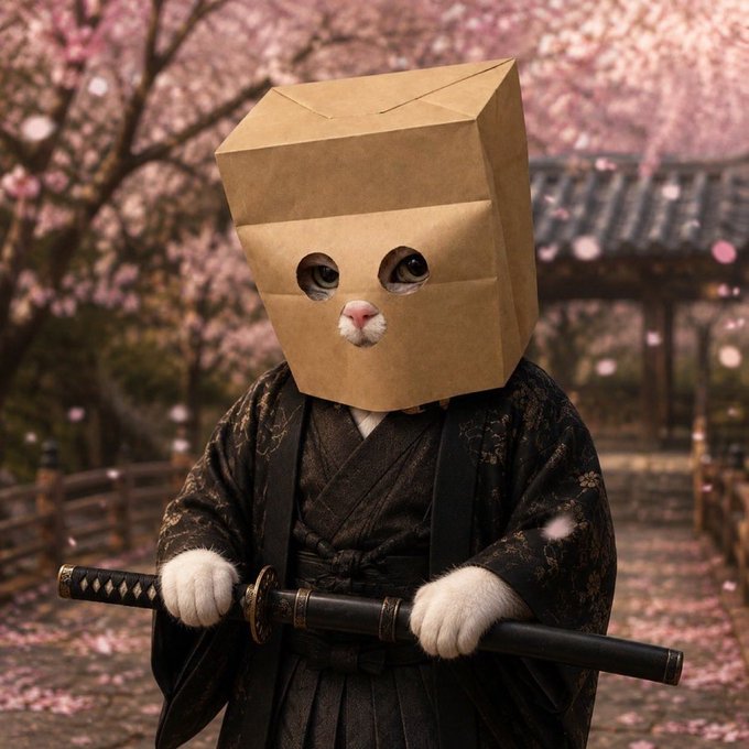 A cat wearing a cardboard samurai mask and dark traditional robes holds a katana in a courtyard surrounded by cherry blossoms. The image's dramatic samurai imagery and confident, battle-ready pose perfectly match the post's bold, delusional confidence, humorously framing the cat as an unstoppable warrior daring anyone to challenge it.