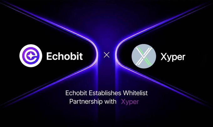 A partnership announcement showing 'Echobit × Xyper' with text 'Echobit Establishes Whitelist Partnership with Xyper' on a dark blue neon-lit background.