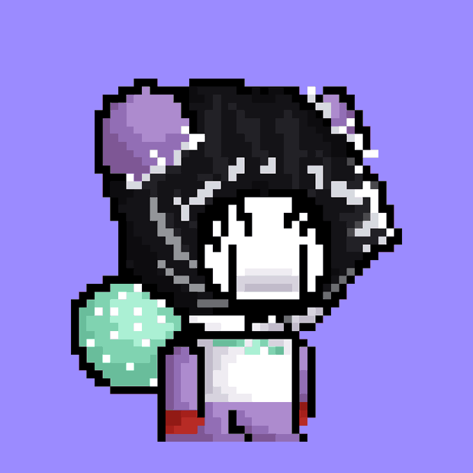 A pixel art character resembling Kuromi with black and purple hair, looking down with a sad expression while holding a green object.