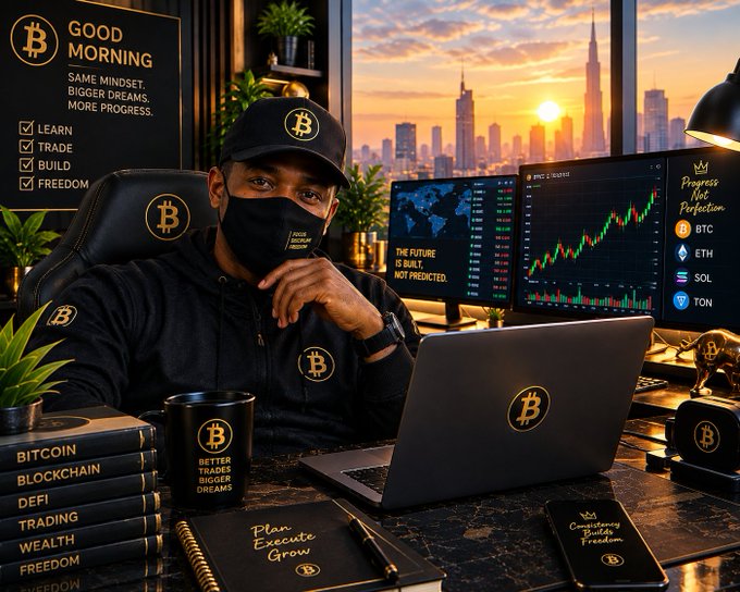 A digital promotional image of a Bitcoin trader wearing branded gear, sitting at a desk with multiple monitors showing crypto charts, books, and 'Good Morning' motivational text.