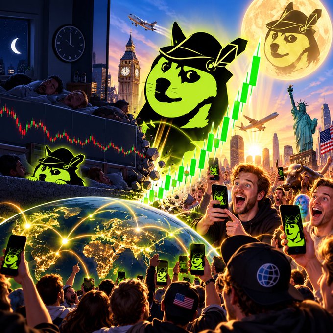 A chaotic meme-style illustration featuring a green dog-cat hybrid character in a hat among scenes of excited crypto traders, stock charts, Big Ben, the Statue of Liberty, and a rising green candlestick chart.